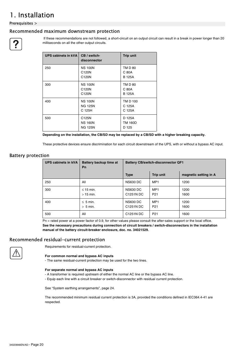 Recommended maximum downstream protection, Battery protection, Recommended residual-current protection | Installation | APC GALAXY 7000 User Manual | Page 20 / 64