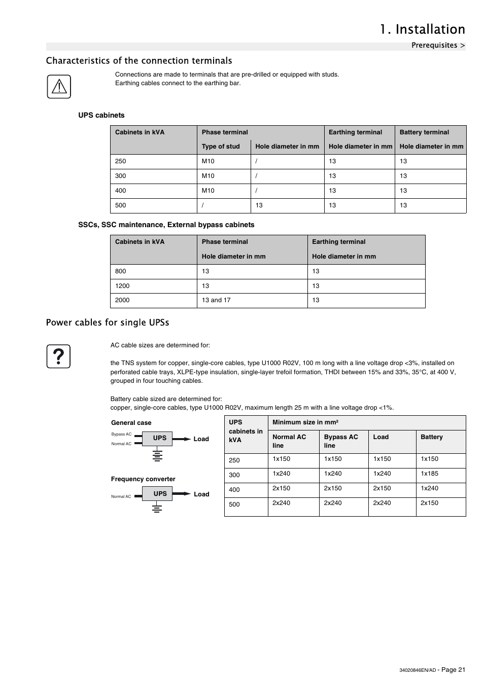 Characteristics of the connection terminals, Ups cabinets, Sscs, ssc maintenance, external bypass cabinets | Power cables for single upss, Installation | APC GALAXY 7000 User Manual | Page 21 / 64