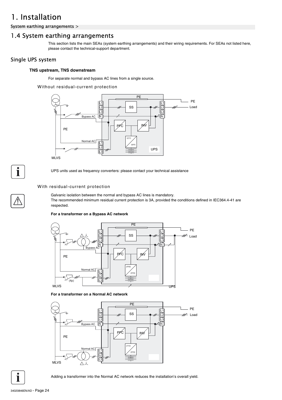 4 system earthing arrangements, Single ups system, Tns upstream, tns downstream | Without residual-current protection, With residual-current protection, Installation | APC GALAXY 7000 User Manual | Page 24 / 64