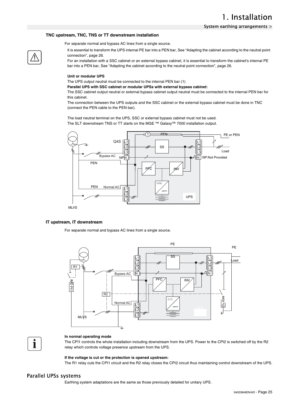 It upstream, it downstream, Parallel upss systems, Installation | APC GALAXY 7000 User Manual | Page 25 / 64