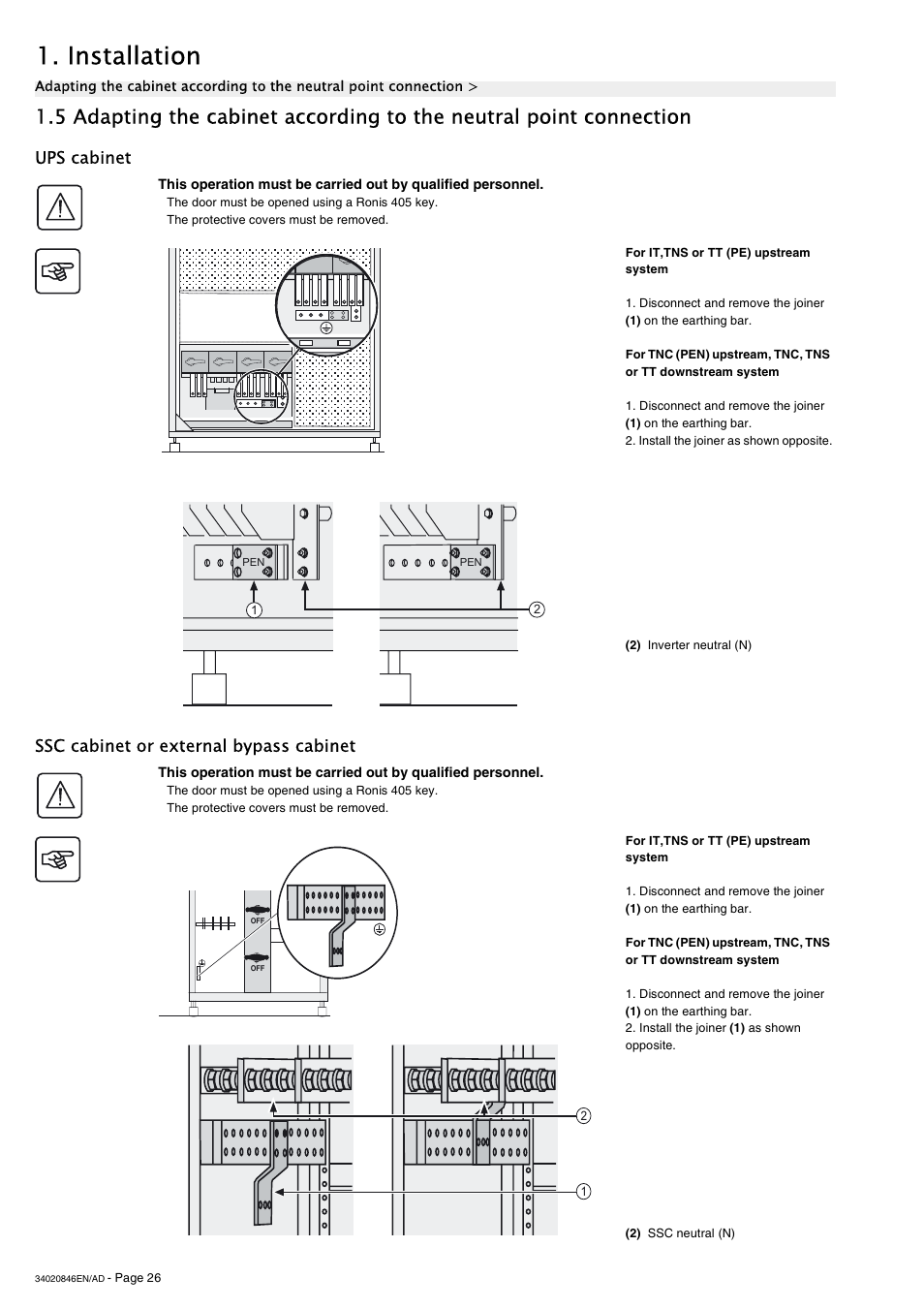 Ups cabinet, Ssc cabinet or external bypass cabinet, Installation | Ups cabinet ssc cabinet or external bypass cabinet | APC GALAXY 7000 User Manual | Page 26 / 64