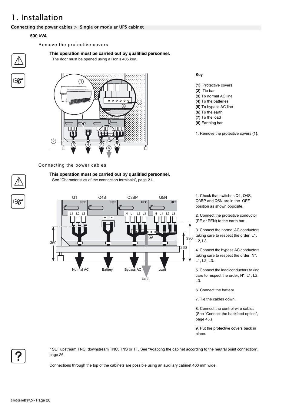 500 kva, Remove the protective covers, Connecting the power cables | Installation | APC GALAXY 7000 User Manual | Page 28 / 64