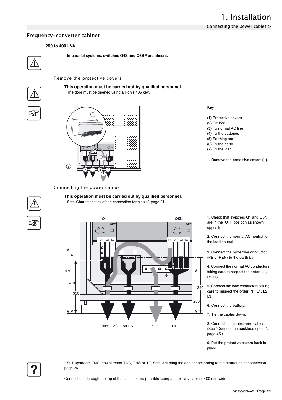 Frequency-converter cabinet, 250 to 400 kva, Remove the protective covers | Connecting the power cables, Installation | APC GALAXY 7000 User Manual | Page 29 / 64