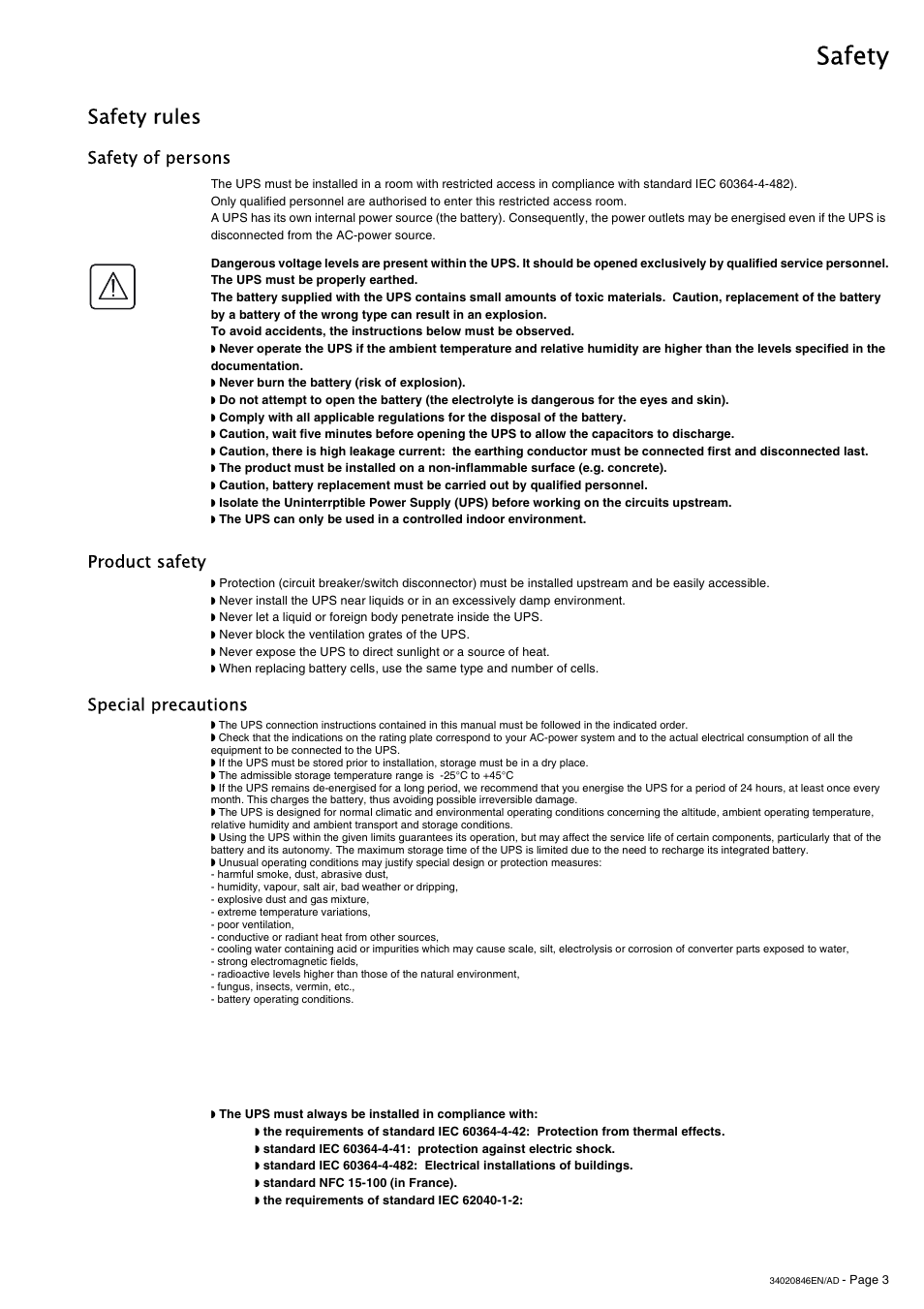 Safety, Safety rules, Safety of persons product safety | Special precautions | APC GALAXY 7000 User Manual | Page 3 / 64