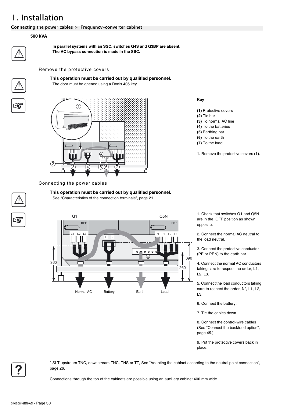 500 kva, Remove the protective covers, Connecting the power cables | Installation | APC GALAXY 7000 User Manual | Page 30 / 64