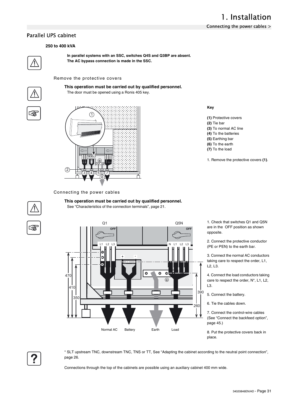 Parallel ups cabinet, 250 to 400 kva, Remove the protective covers | Connecting the power cables, Installation | APC GALAXY 7000 User Manual | Page 31 / 64