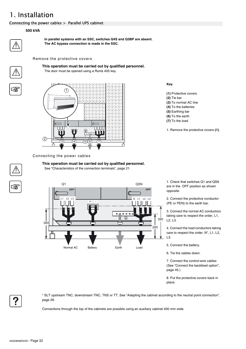 500 kva, Remove the protective covers, Connecting the power cables | Installation | APC GALAXY 7000 User Manual | Page 32 / 64