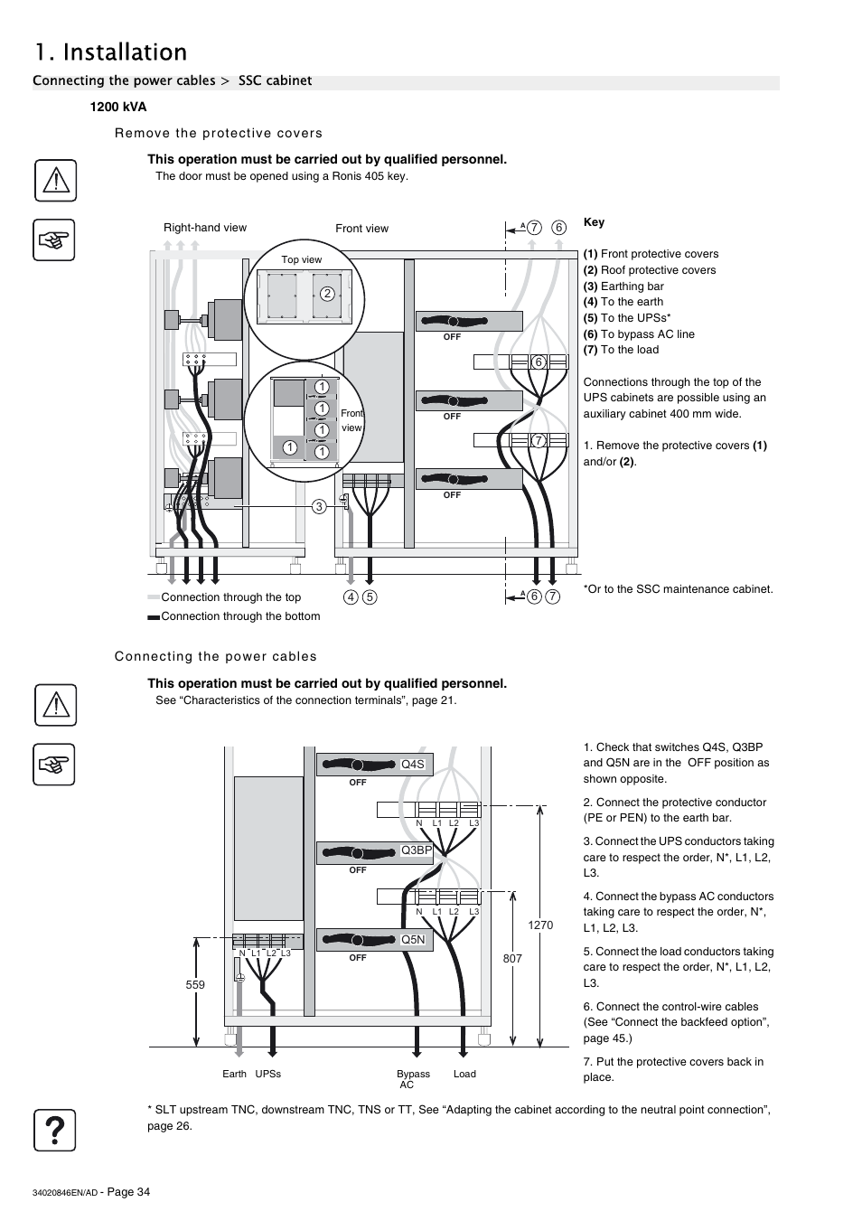1200 kva, Remove the protective covers, Connecting the power cables | Installation | APC GALAXY 7000 User Manual | Page 34 / 64