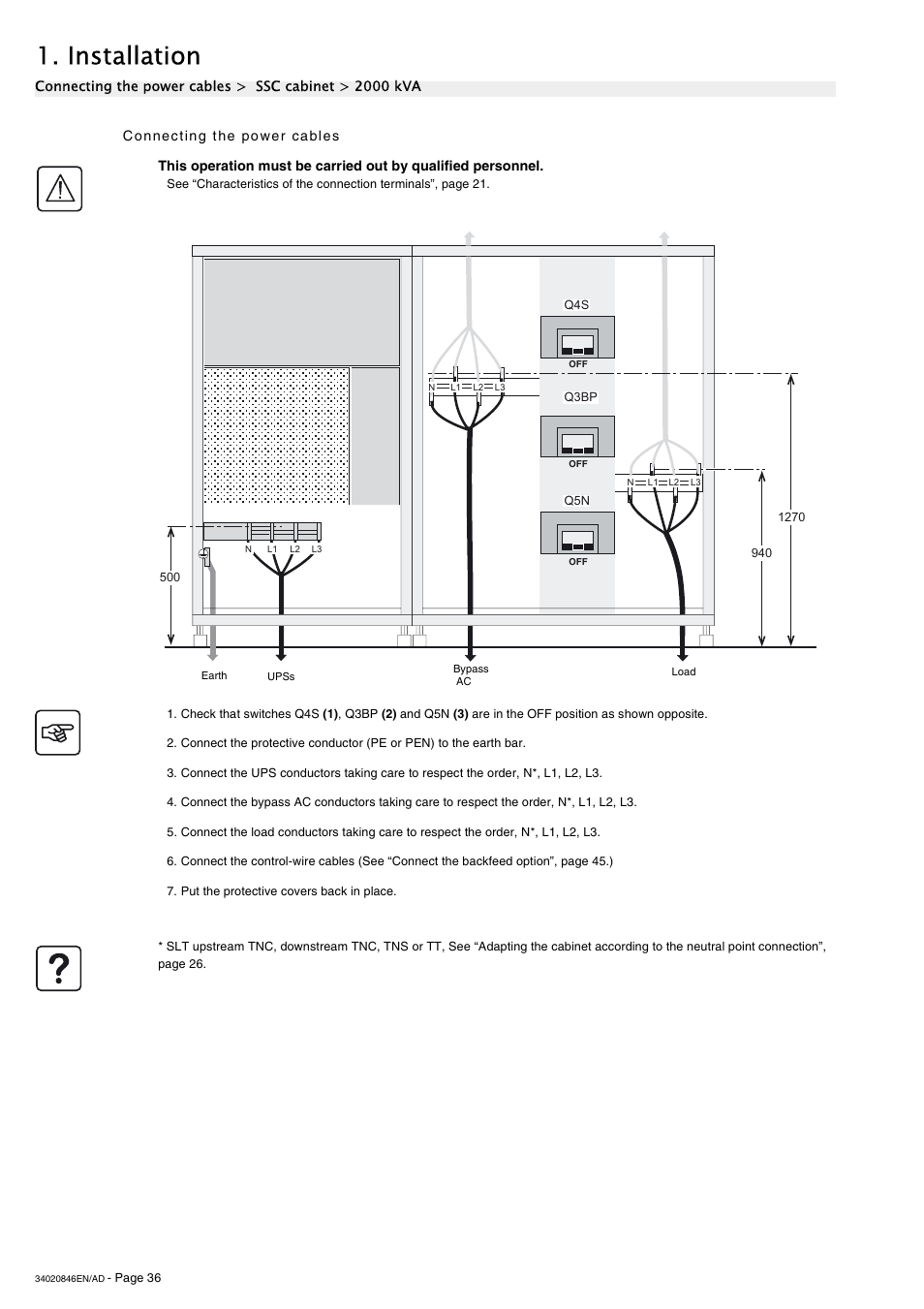 Connecting the power cables, Installation | APC GALAXY 7000 User Manual | Page 36 / 64