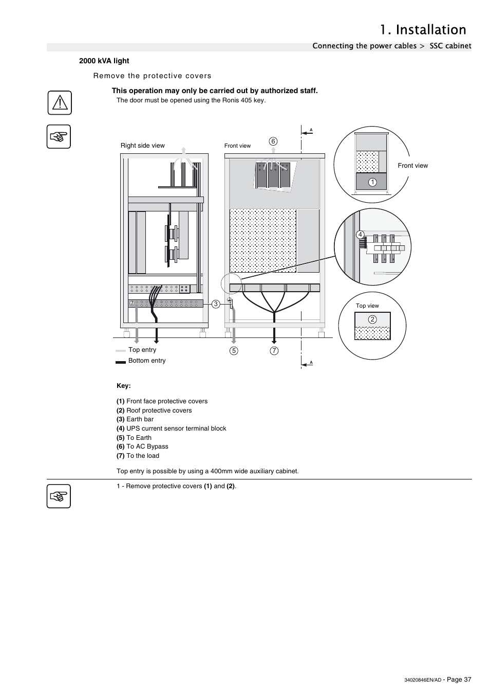 2000 kva light, Remove the protective covers, Installation | APC GALAXY 7000 User Manual | Page 37 / 64