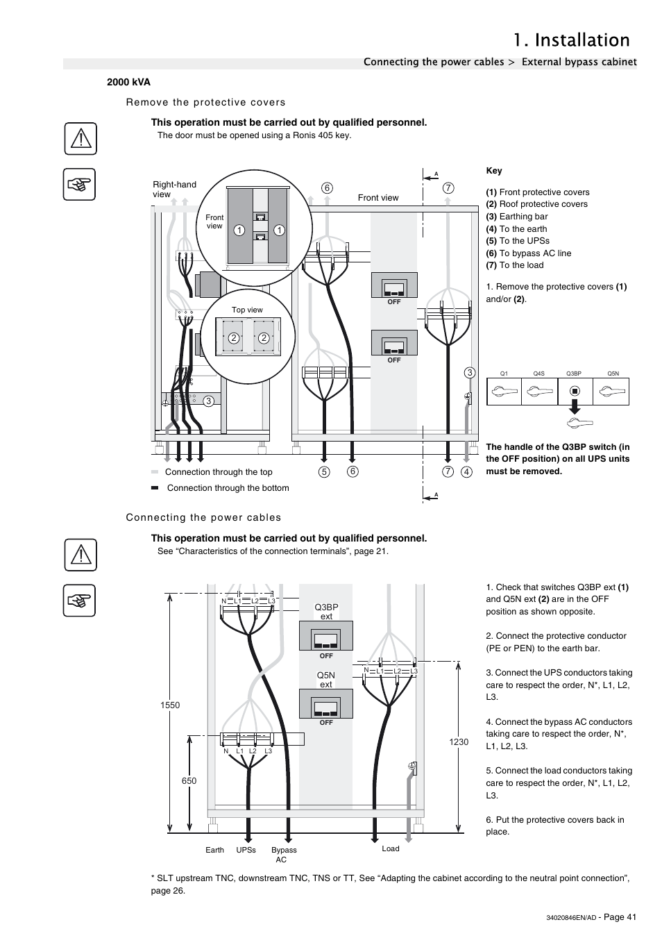 2000 kva, Remove the protective covers, Connecting the power cables | Installation | APC GALAXY 7000 User Manual | Page 41 / 64