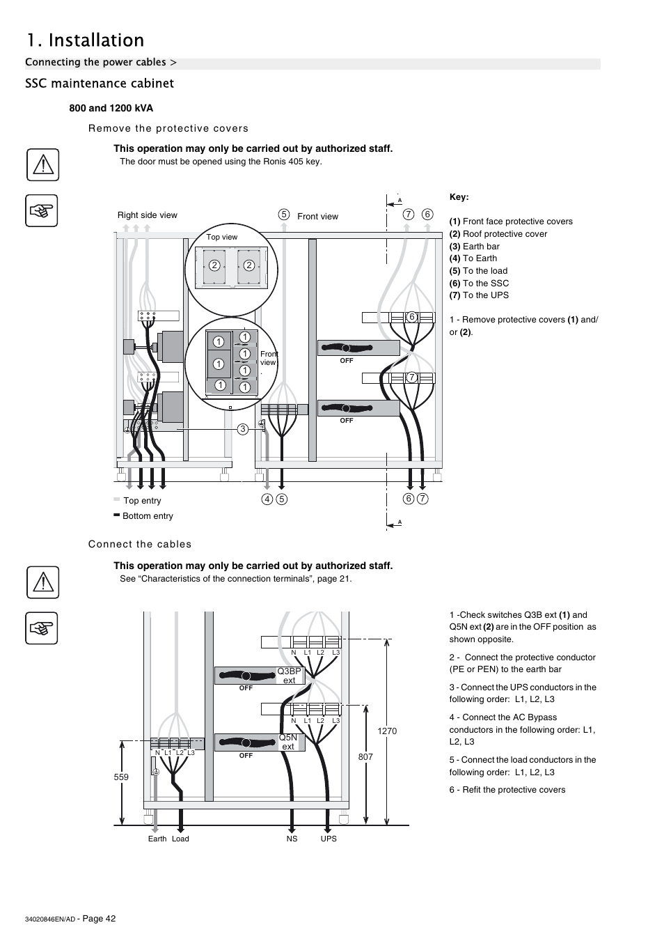 Ssc maintenance cabinet, 800 and 1200 kva, Remove the protective covers | Connect the cables, Installation | APC GALAXY 7000 User Manual | Page 42 / 64