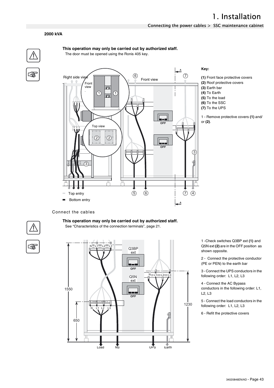 2000 kva, Connect the cables, Installation | APC GALAXY 7000 User Manual | Page 43 / 64