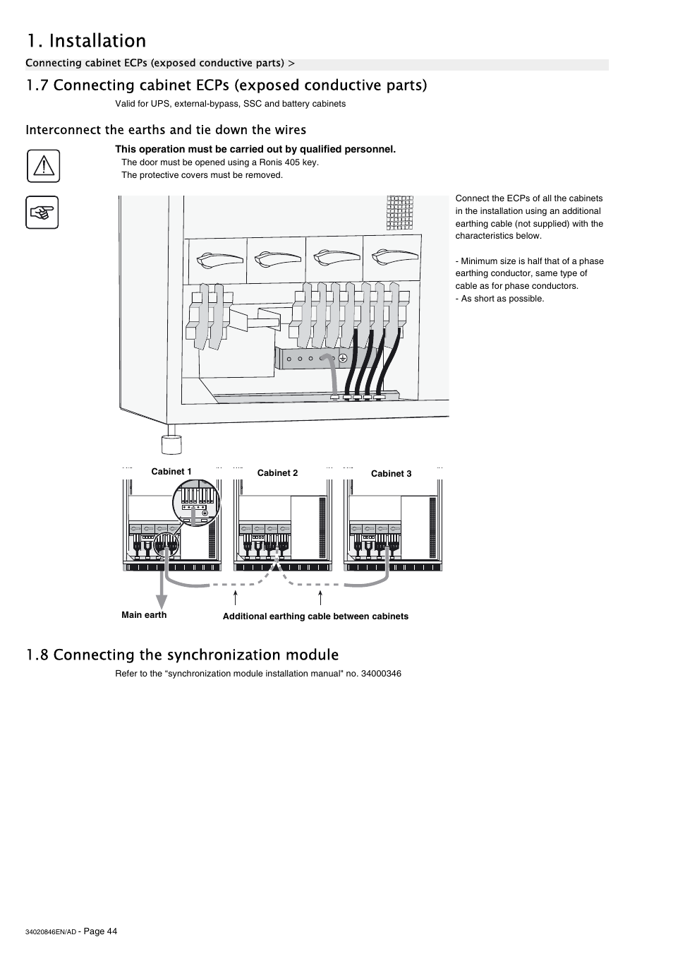 Interconnect the earths and tie down the wires, 8 connecting the synchronization module, Installation | APC GALAXY 7000 User Manual | Page 44 / 64