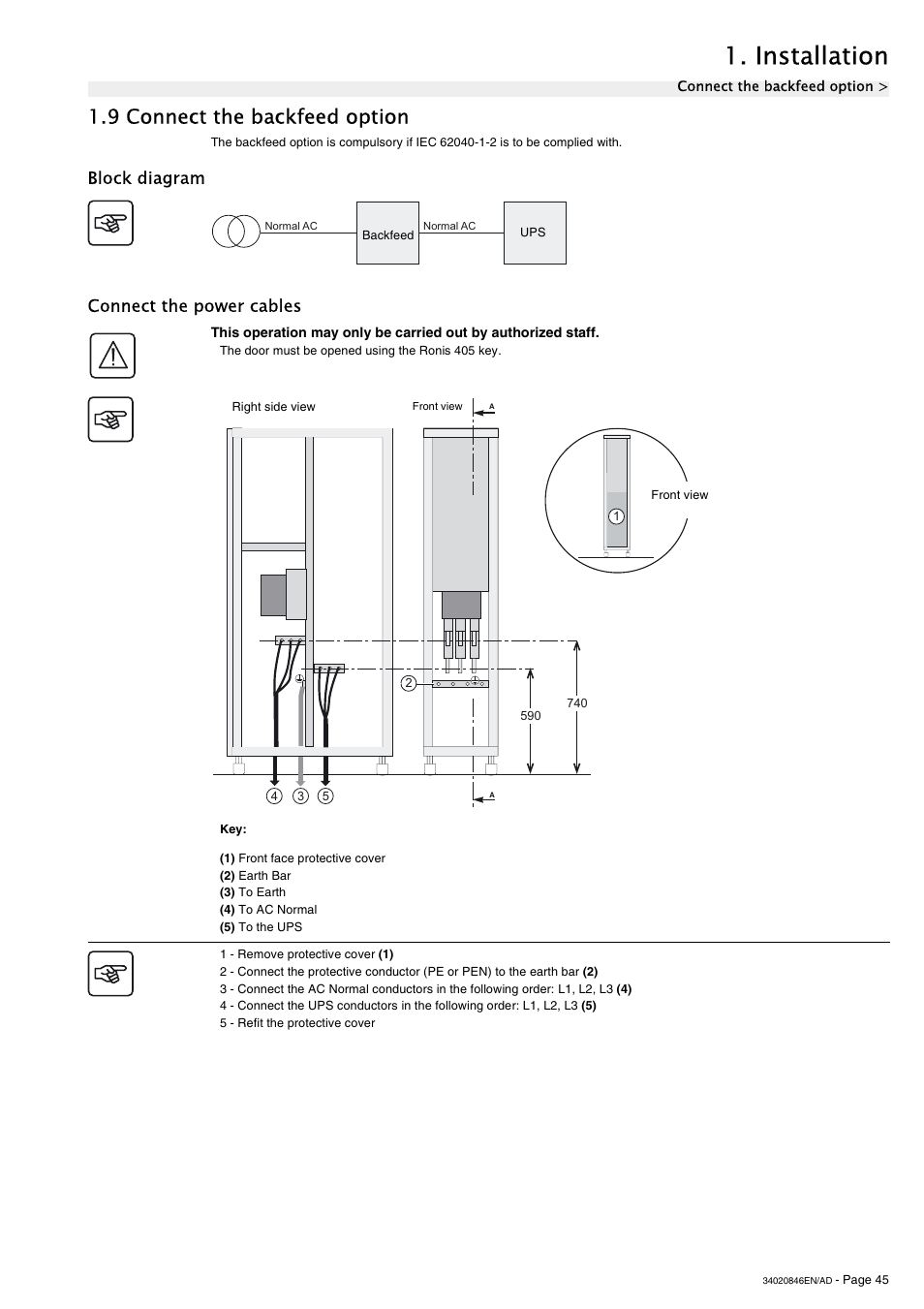 9 connect the backfeed option, Block diagram, Connect the power cables | See “connect the backfeed option, Installation, Block diagram connect the power cables | APC GALAXY 7000 User Manual | Page 45 / 64