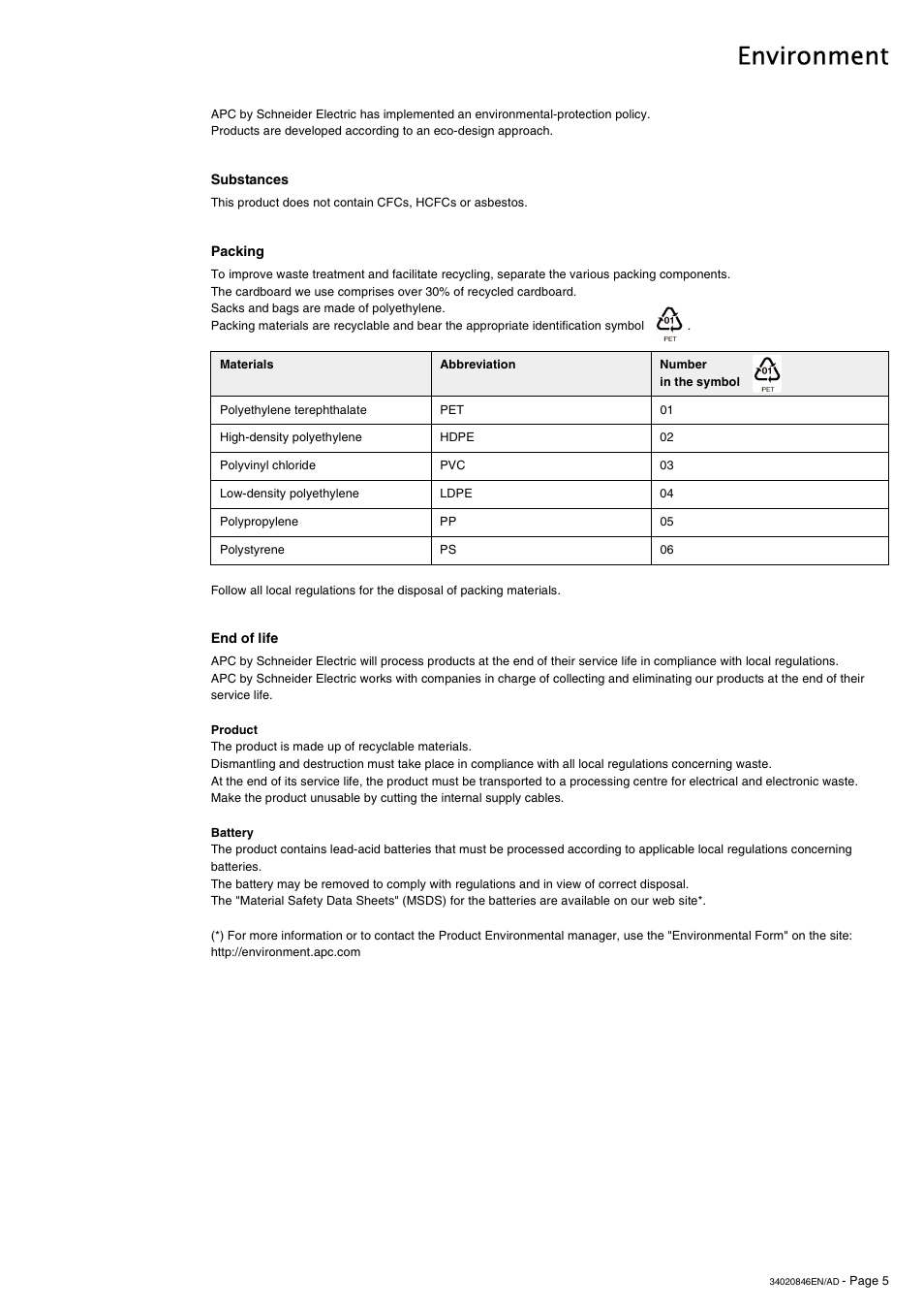 Environment | APC GALAXY 7000 User Manual | Page 5 / 64