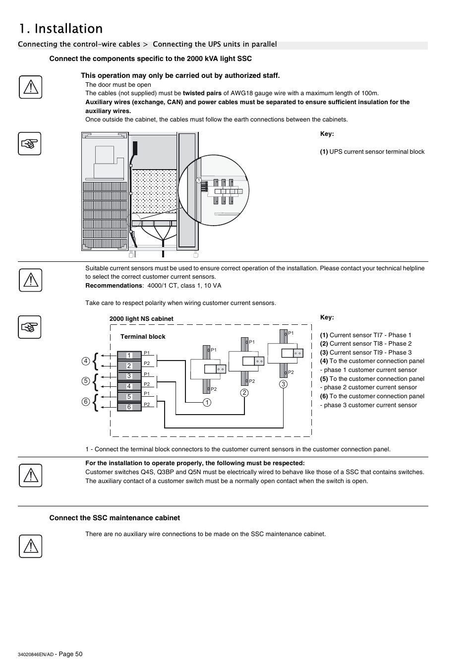 Connect the ssc maintenance cabinet, Installation | APC GALAXY 7000 User Manual | Page 50 / 64