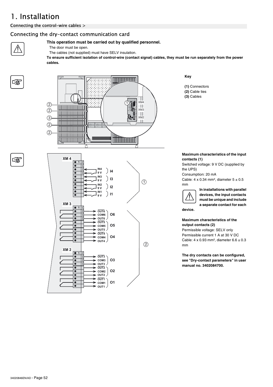 Connecting the dry-contact communication card, Installation | APC GALAXY 7000 User Manual | Page 52 / 64