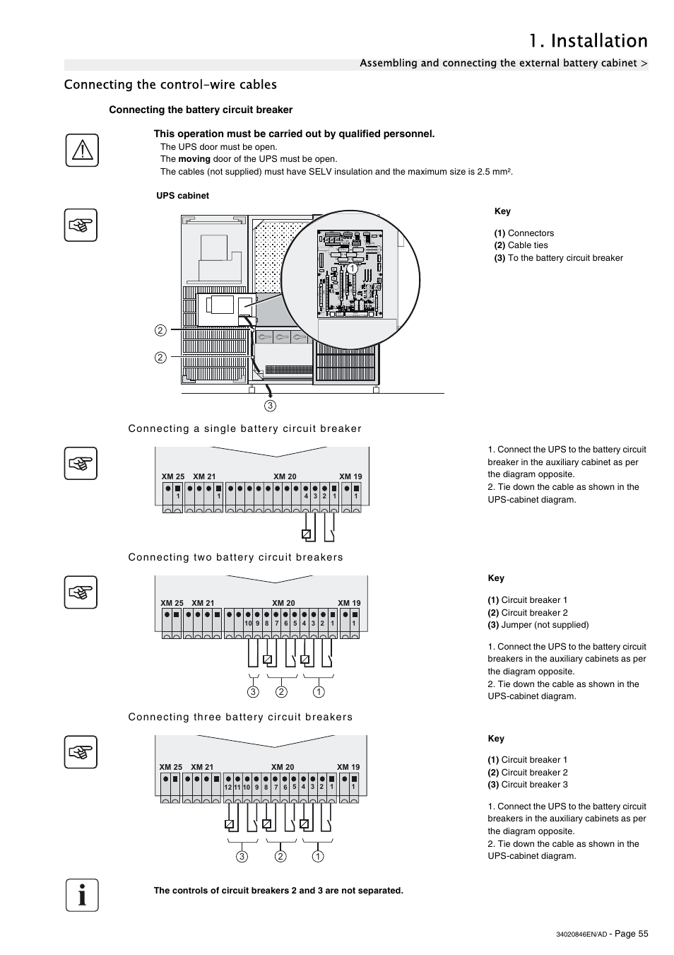 Connecting the control-wire cables, Connecting the battery circuit breaker, Connecting a single battery circuit breaker | Connecting two battery circuit breakers, Connecting three battery circuit breakers, Installation | APC GALAXY 7000 User Manual | Page 55 / 64