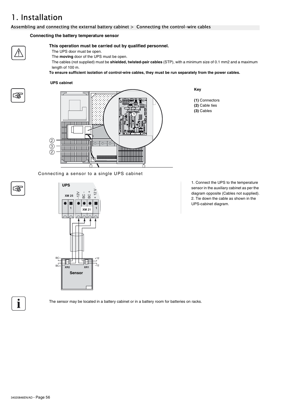 Connecting the battery temperature sensor, Connecting a sensor to a single ups cabinet, Installation | APC GALAXY 7000 User Manual | Page 56 / 64