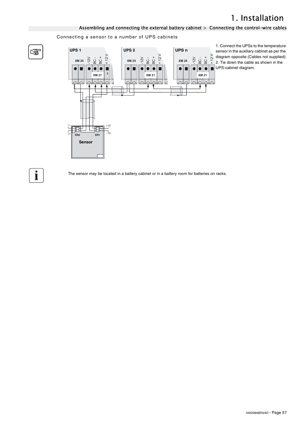 Connecting a sensor to a number of ups cabinets, Installation | APC GALAXY 7000 User Manual | Page 57 / 64