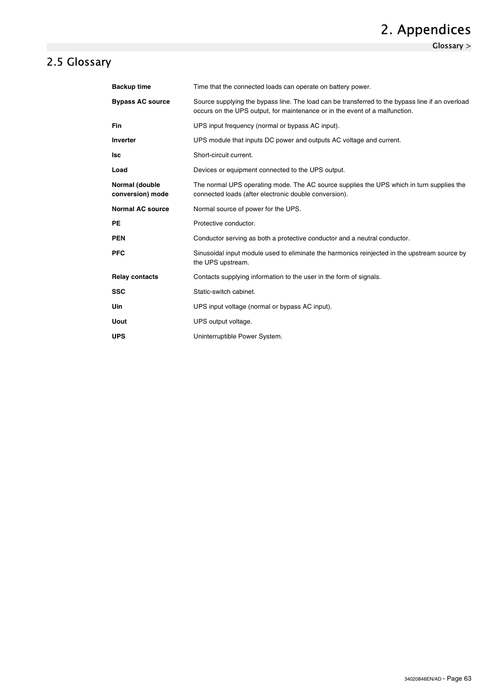 5 glossary, Appendices | APC GALAXY 7000 User Manual | Page 63 / 64
