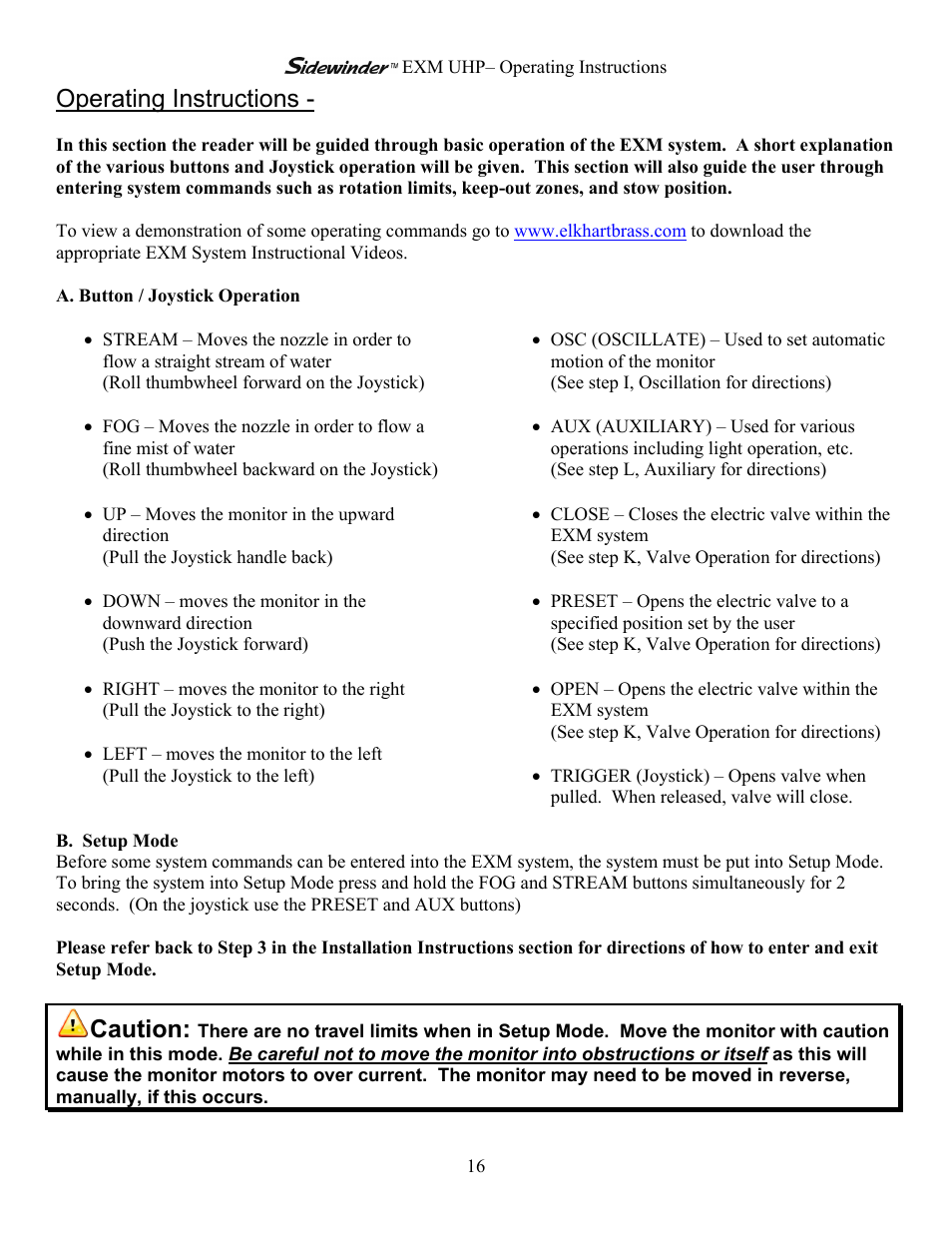 Operating instructions, Caution | Elkhart Brass Sidewinder 7161 EXM UHP User Manual | Page 16 / 29