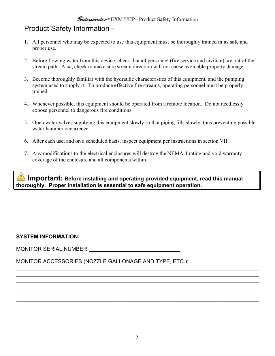 Product safety information, Important | Elkhart Brass Sidewinder 7161 EXM UHP User Manual | Page 3 / 29