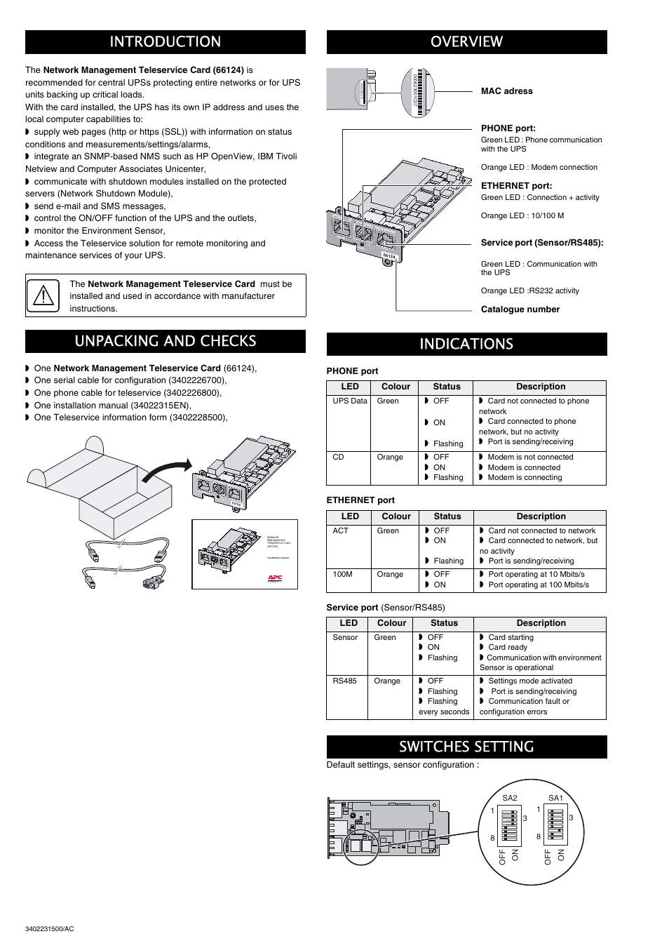 Introduction, Unpacking and checks, Overview | Indications, Switches setting | APC 66124 User Manual | Page 2 / 4