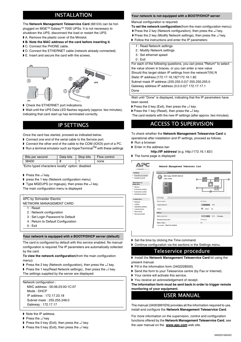 Installation, Ip settings, Access to supervision | Teleservice procedure user manual | APC 66124 User Manual | Page 3 / 4
