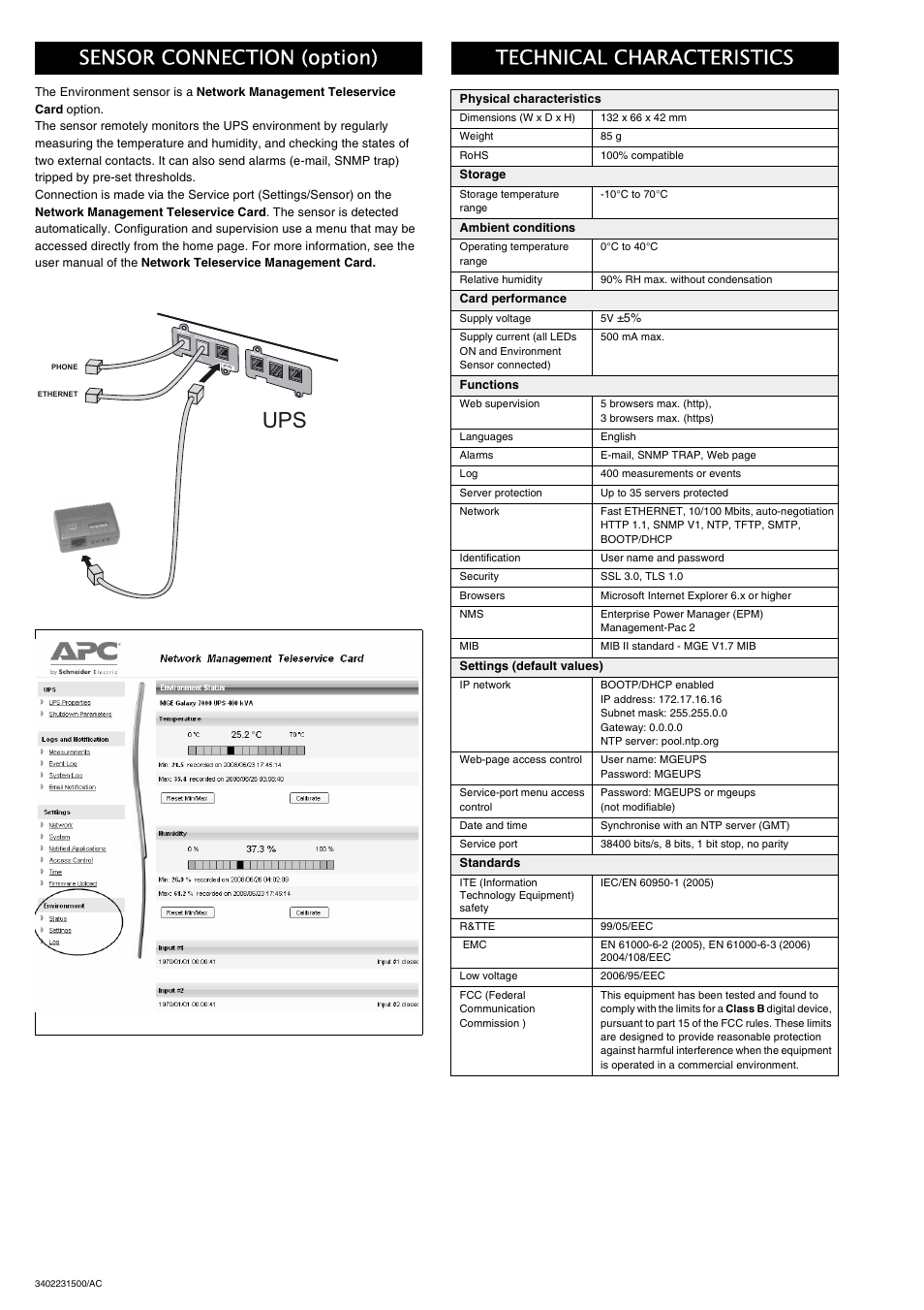 Sensor connection (option), Technical characteristics | APC 66124 User Manual | Page 4 / 4