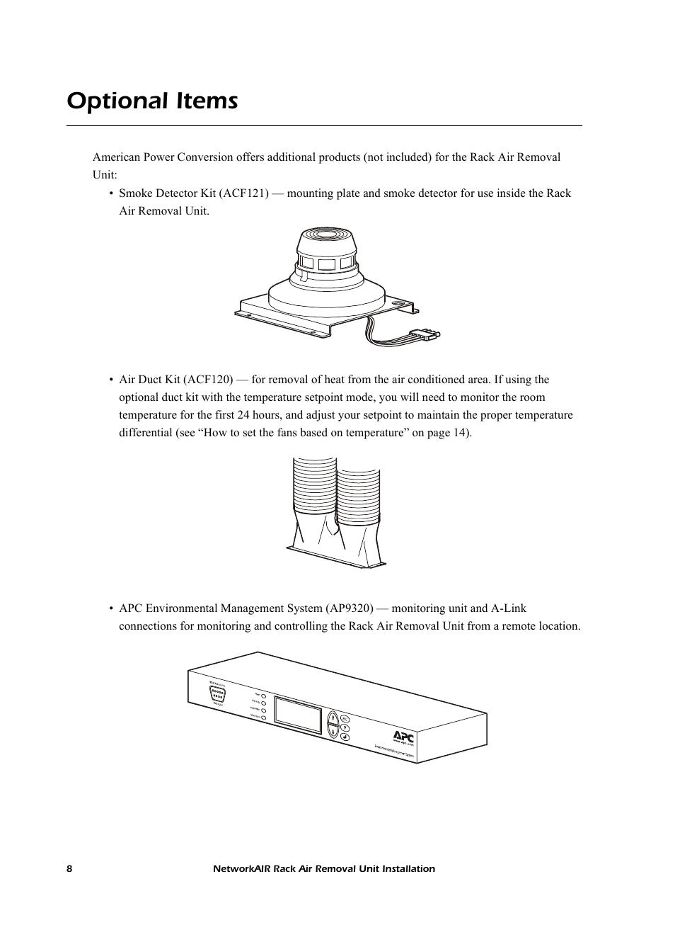 Optional items | APC NetworkAIR Rack Air Removal Unit ACF102BLK User Manual | Page 12 / 28