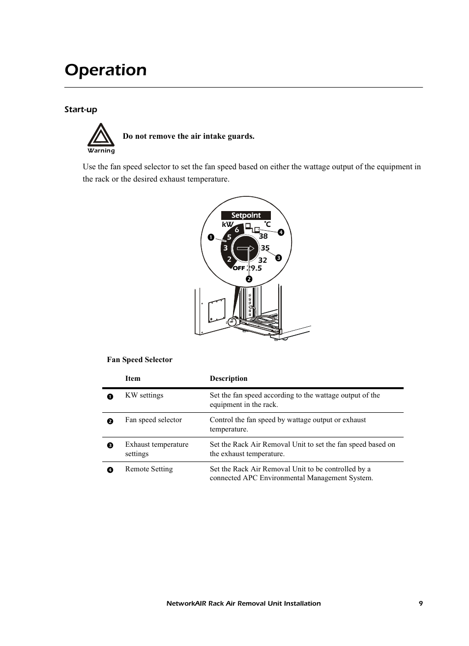 Operation, Start-up | APC NetworkAIR Rack Air Removal Unit ACF102BLK User Manual | Page 13 / 28
