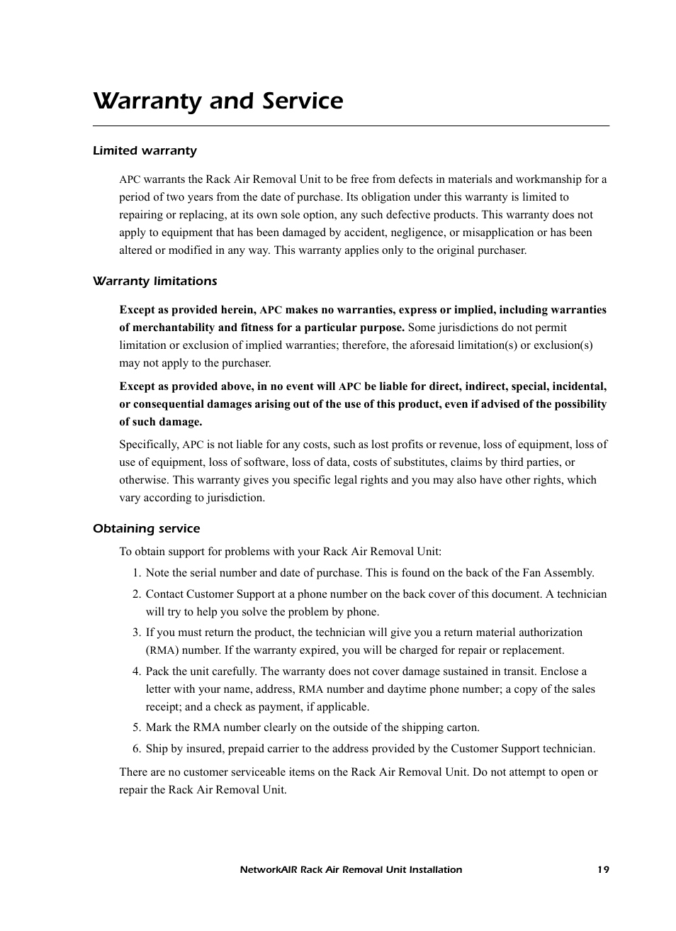 Warranty and service, Limited warranty, Warranty limitations | Obtaining service | APC NetworkAIR Rack Air Removal Unit ACF102BLK User Manual | Page 23 / 28