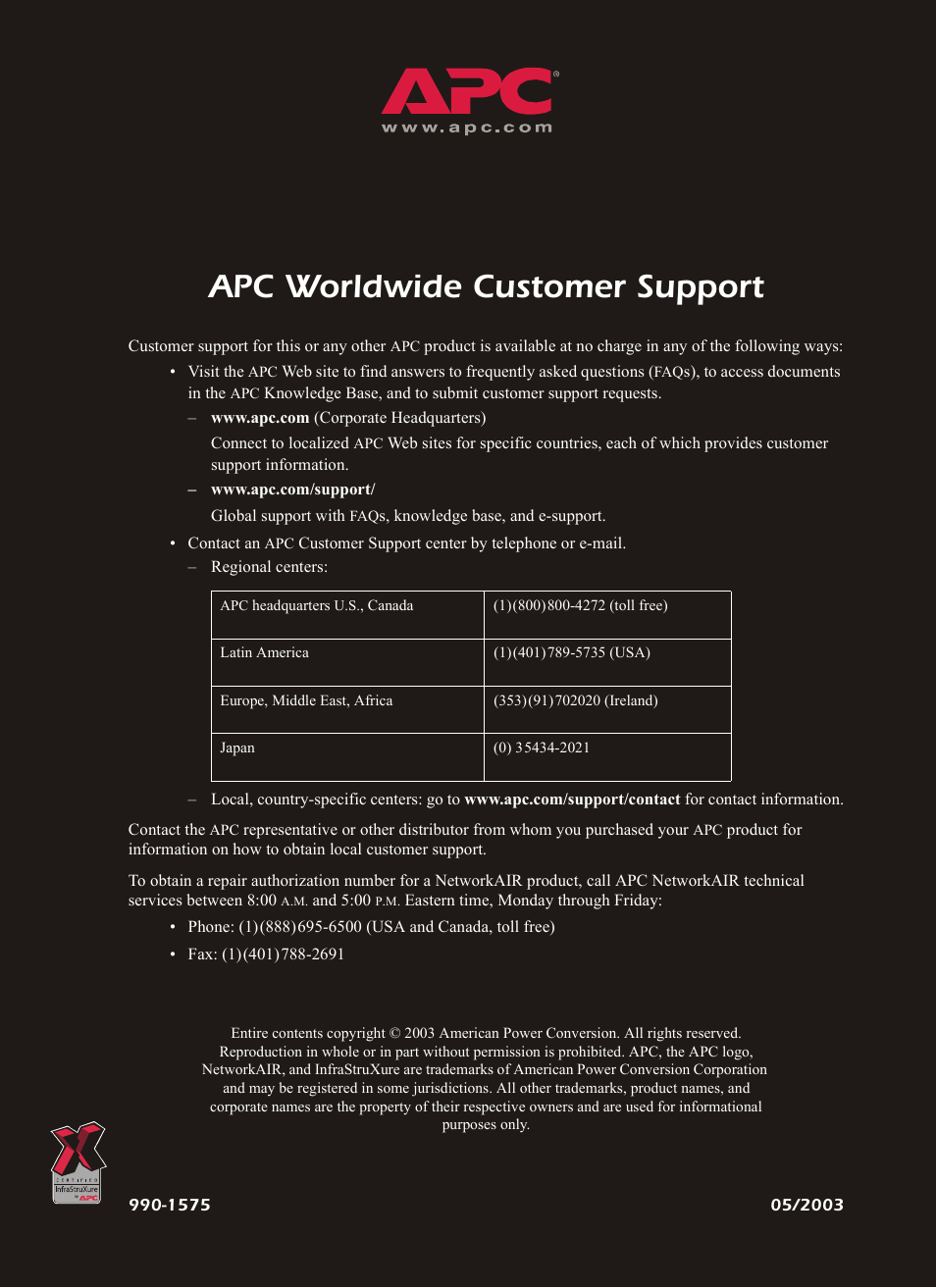 Apc worldwide customer support | APC NetworkAIR Rack Air Removal Unit ACF102BLK User Manual | Page 28 / 28