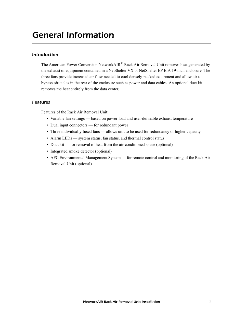 General information, Introduction, Features | APC NetworkAIR Rack Air Removal Unit ACF102BLK User Manual | Page 5 / 28