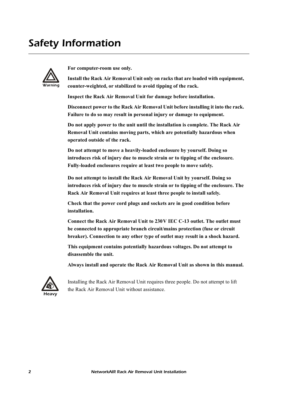Safety information | APC NetworkAIR Rack Air Removal Unit ACF102BLK User Manual | Page 6 / 28