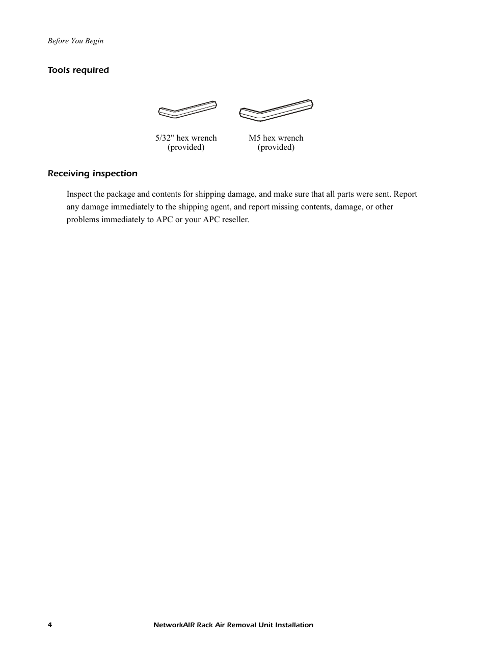 Tools required, Receiving inspection | APC NetworkAIR Rack Air Removal Unit ACF102BLK User Manual | Page 8 / 28