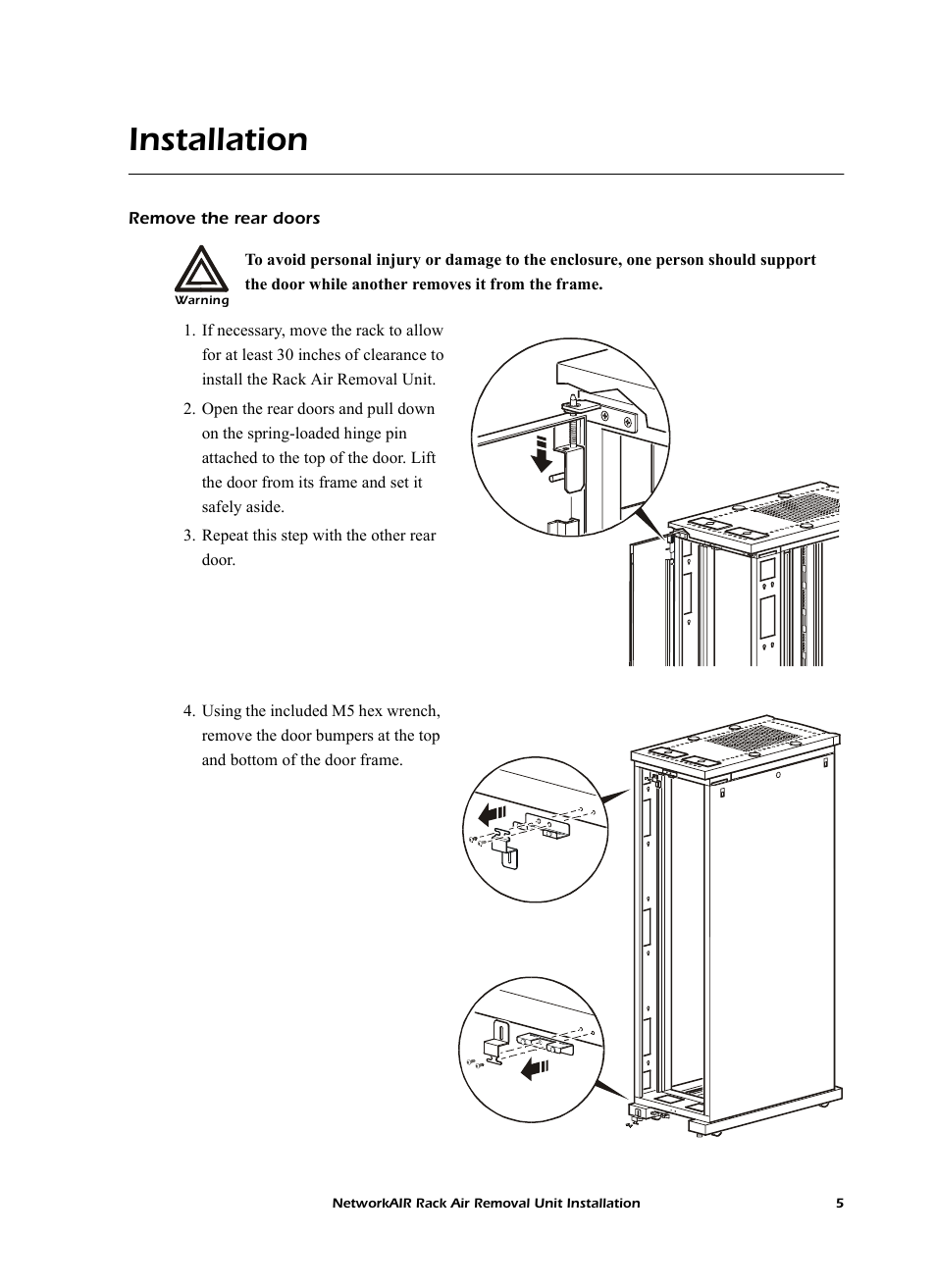 Installation, Remove the rear doors | APC NetworkAIR Rack Air Removal Unit ACF102BLK User Manual | Page 9 / 28