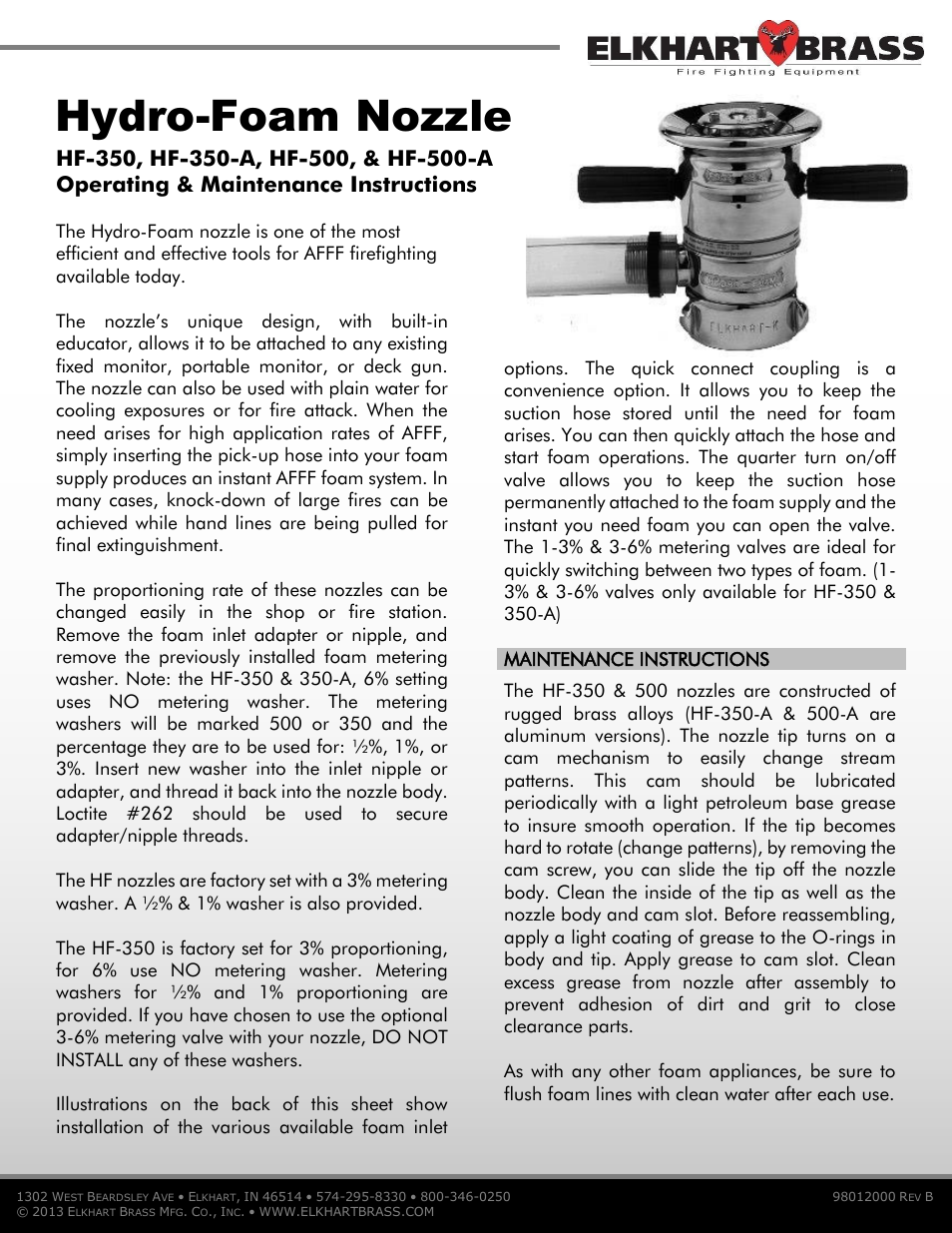 Elkhart Brass HF-500 Hydro-Foam Nozzle User Manual | 2 pages