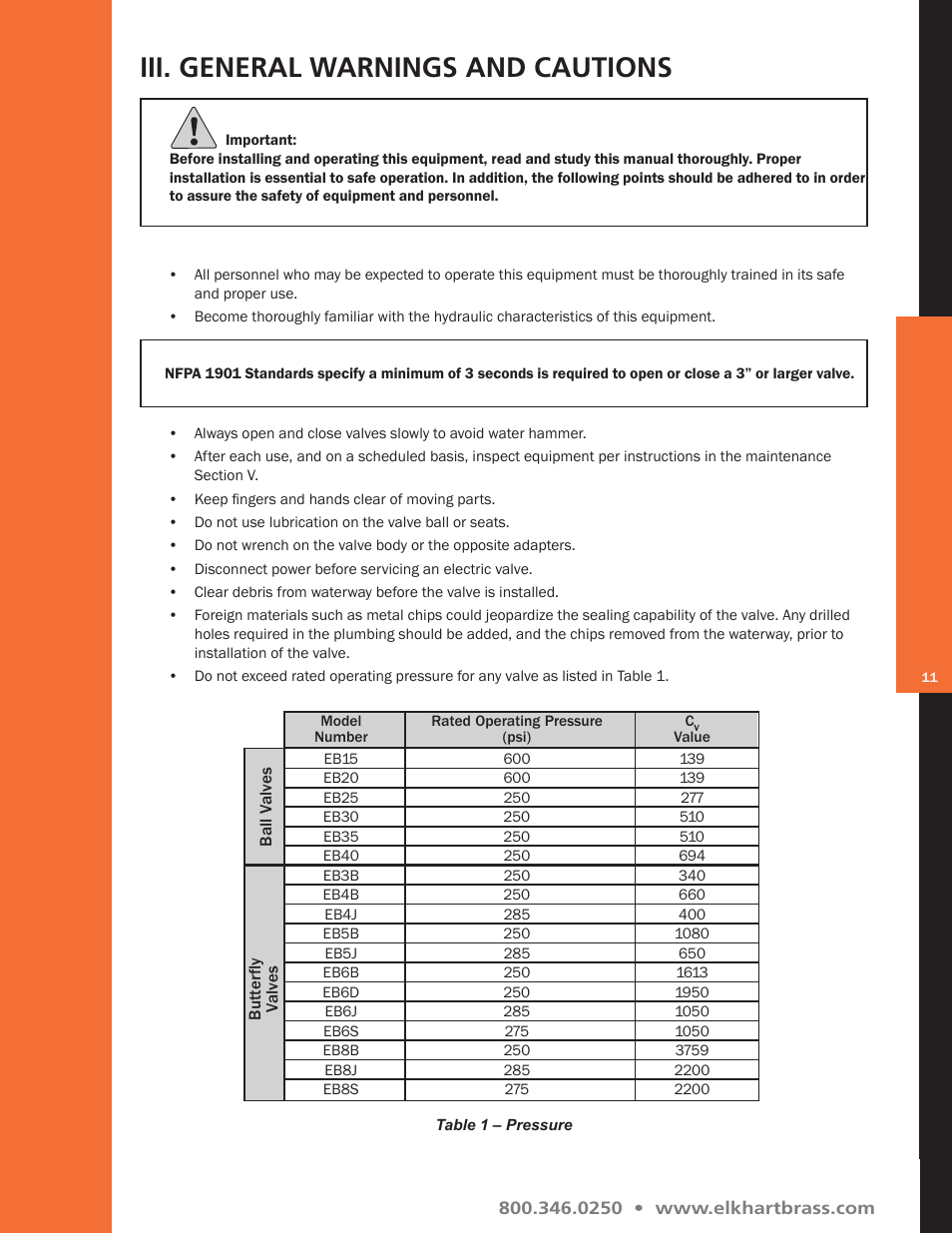 Iii. general warnings and cautions | Elkhart Brass Unibody Valve User Manual | Page 11 / 76