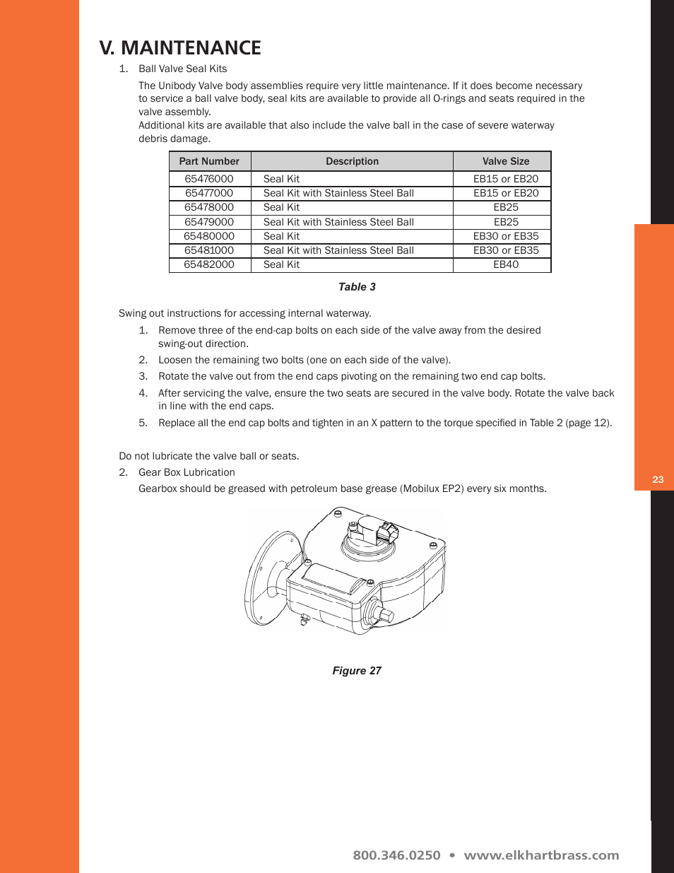 V. maintenance | Elkhart Brass Unibody Valve User Manual | Page 23 / 76