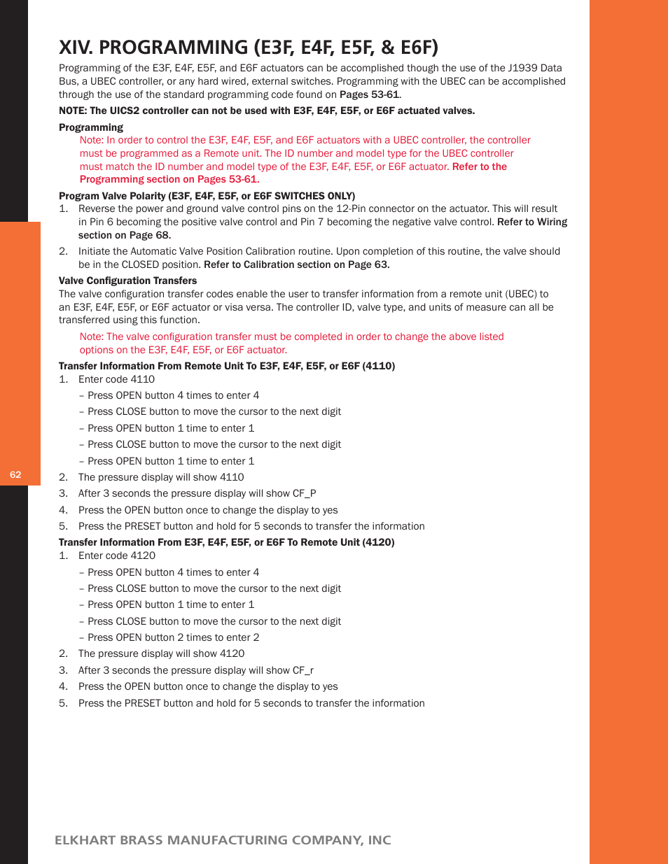 Xiv. programming (e3f, e4f, e5f, & e6f) | Elkhart Brass Unibody Valve User Manual | Page 62 / 76