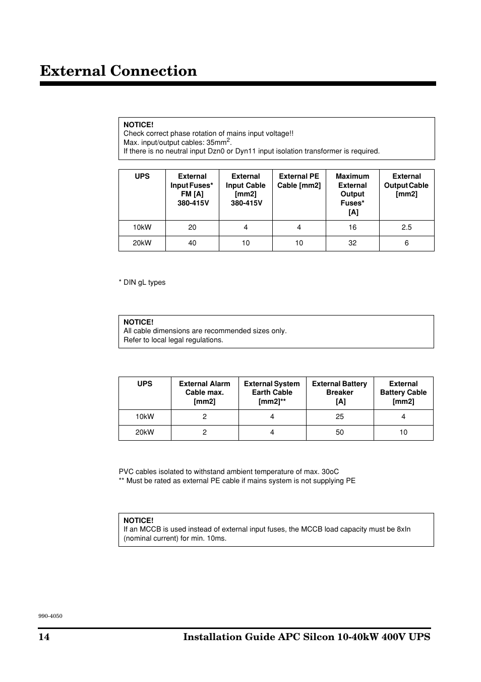 External connection | APC SILCON 10-40KW 400V UPS User Manual | Page 14 / 90
