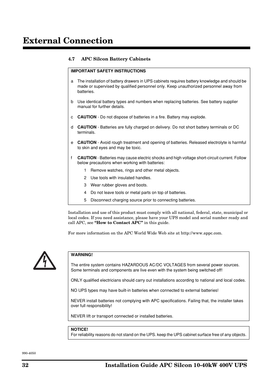 External connection | APC SILCON 10-40KW 400V UPS User Manual | Page 32 / 90