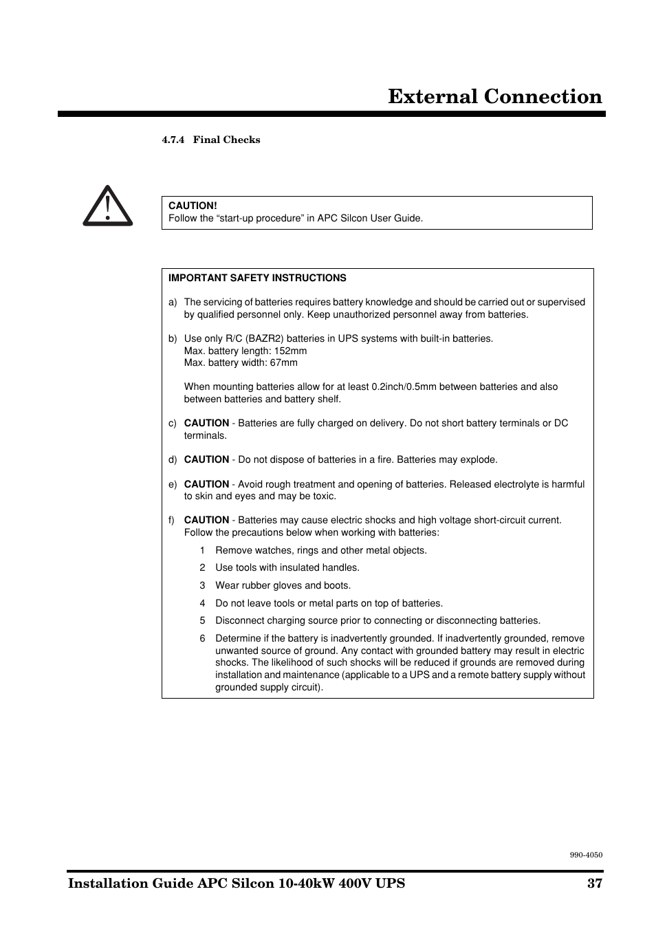 External connection | APC SILCON 10-40KW 400V UPS User Manual | Page 37 / 90