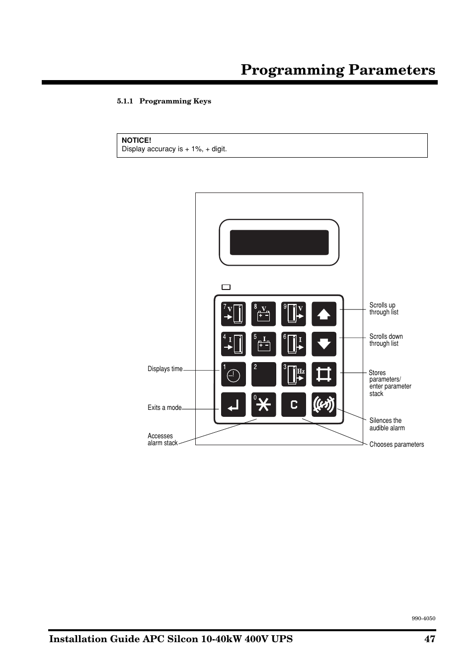 Programming parameters | APC SILCON 10-40KW 400V UPS User Manual | Page 47 / 90