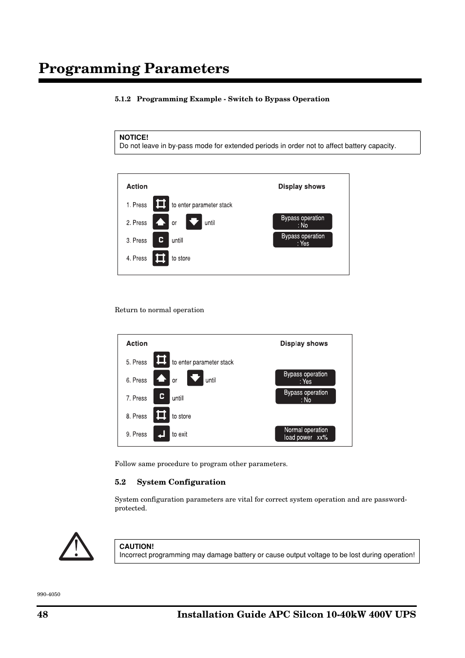 Programming parameters | APC SILCON 10-40KW 400V UPS User Manual | Page 48 / 90