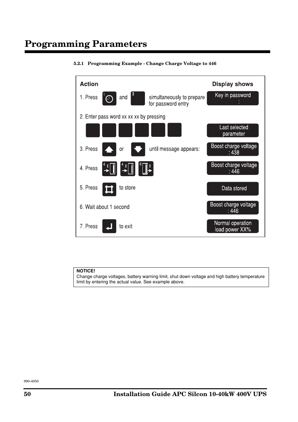 Programming parameters | APC SILCON 10-40KW 400V UPS User Manual | Page 50 / 90