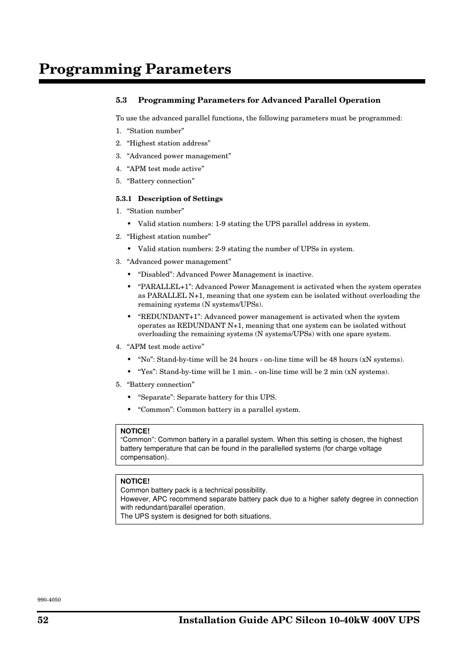 Programming parameters | APC SILCON 10-40KW 400V UPS User Manual | Page 52 / 90